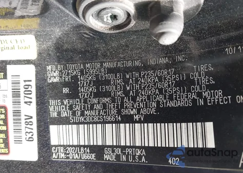 2012 Toyota Sienna Xle V6 8 Passenger z USA, uszkodzony, nr VIN 5TDYK3DC8CS196614